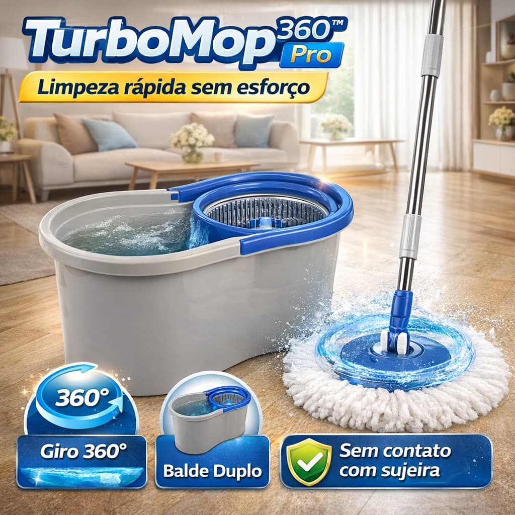 Mop Giratório 360 Balde Duplo Microfibra Limpeza Prática TurboMop 360 Pro