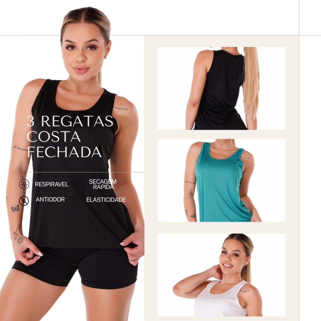 Kit 3 Regatas Costas Fechada Dry Fit Feminina Fitness