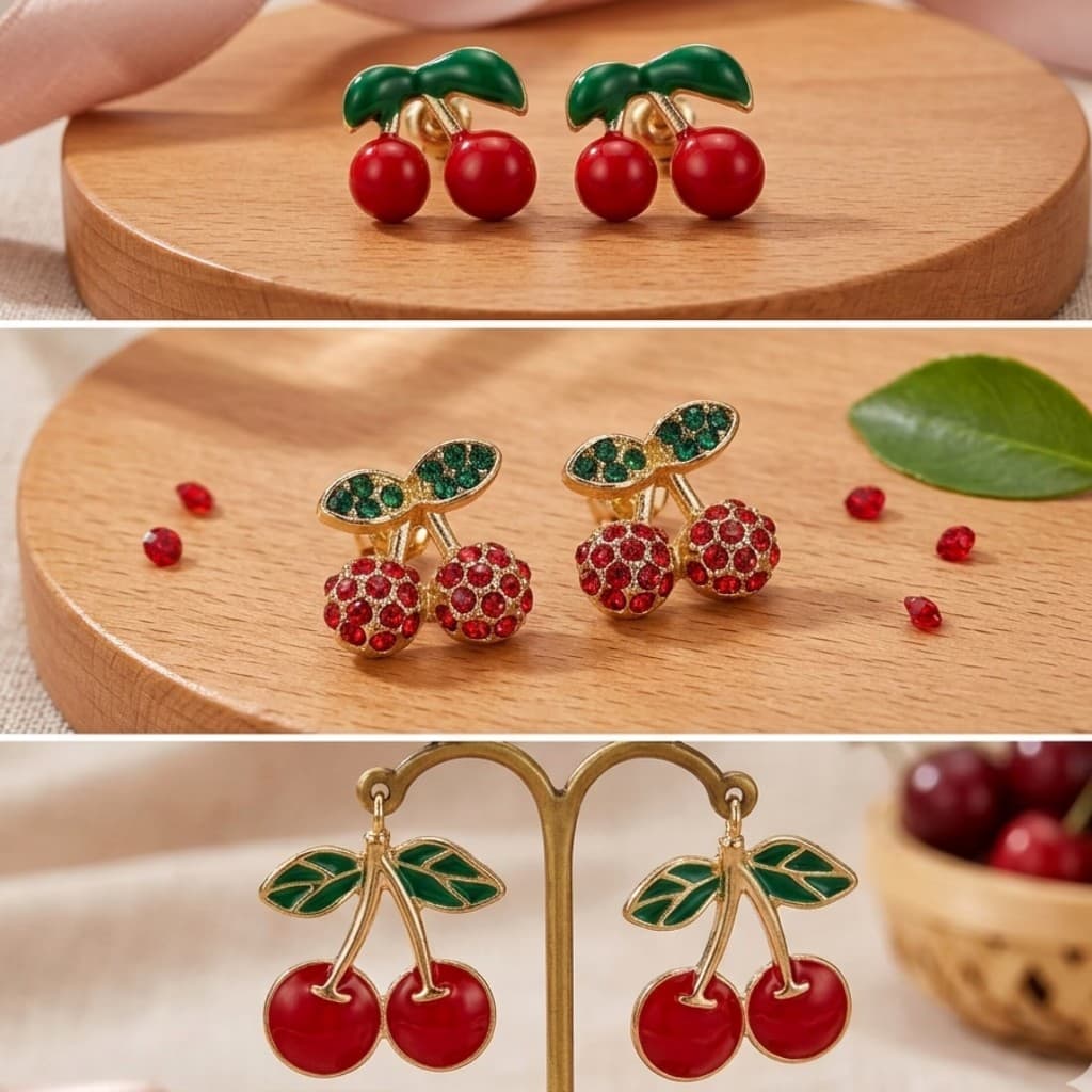 Coleção de Brincos de Frutas "Doce Verão" – Cerejas e Morangos Esmaltados e com Cristais
