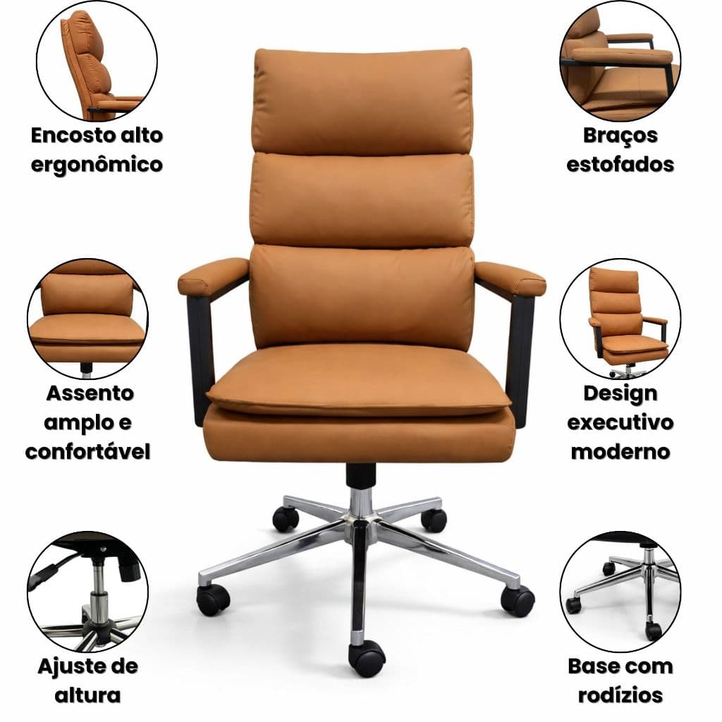 Cadeira Executiva Escritório EVO Ergonômica Encosto Alto Assento Confortável Base Cromada Rodízios
