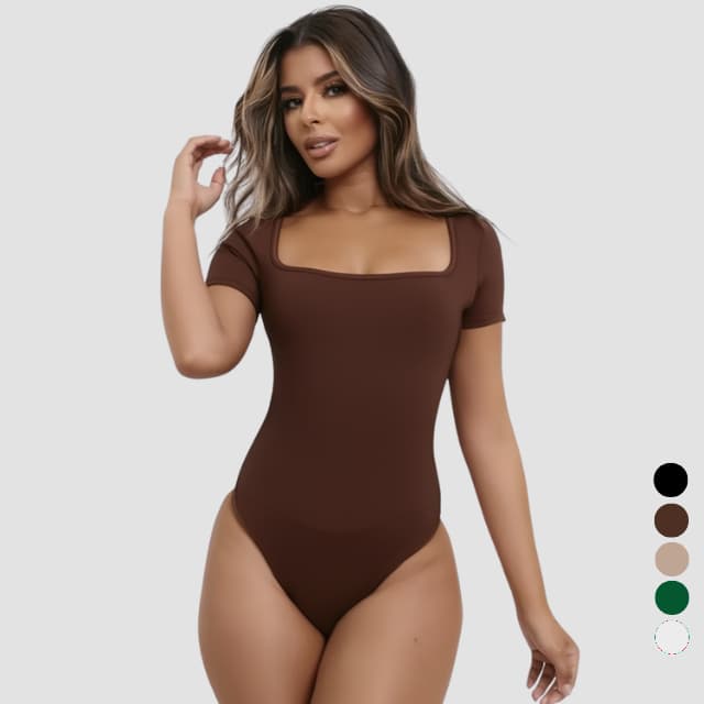 body Feminino Suplex Forrado Manga Curta Decote Reto Quadrado Moda Verão bory Elegante Blusinha Básica bore Collant