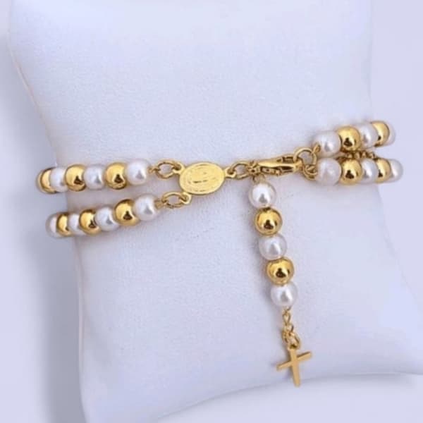 Terço Cristal De Pulso Folheado a Ouro Religioso Pulseira Pingente