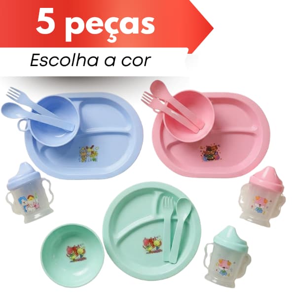 Jogo Refeição Infantil 4 ou 5 Peças Prato Copo Tigela Colher Garfo Livre de BPA