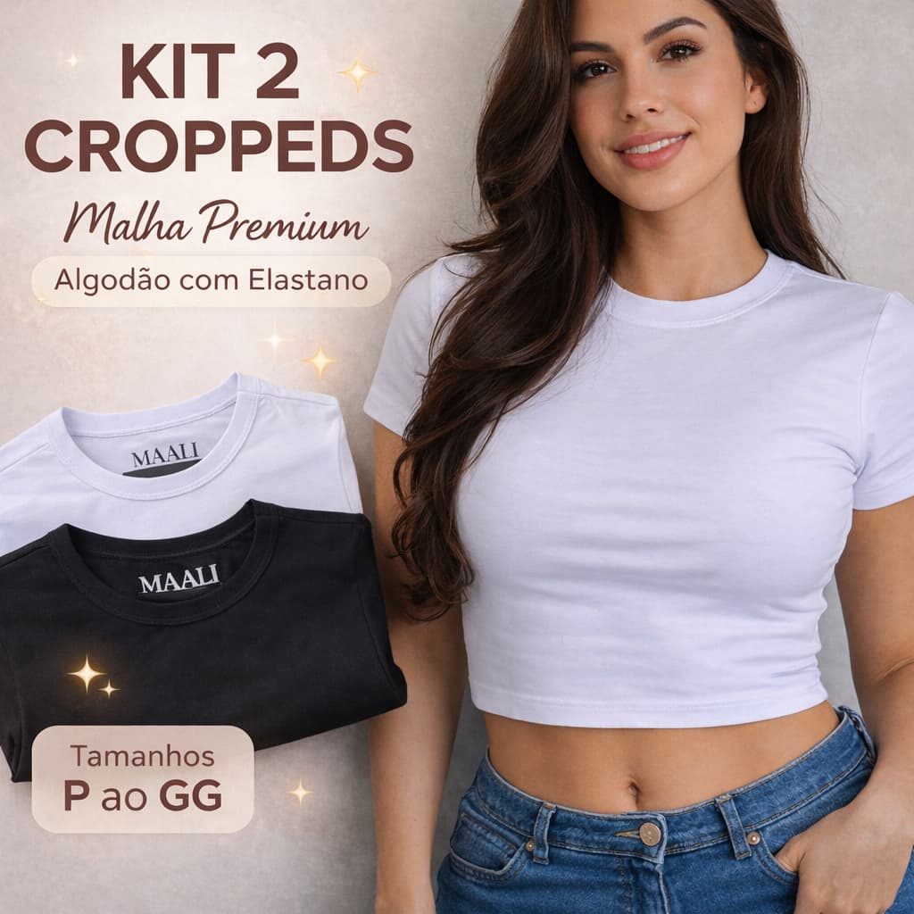 Kit 2 Croppeds Femininos Básicos Premium Algodão com Elastano | Conforto e Estilo | Preto e Branco | Tamanhos: P ao GG.