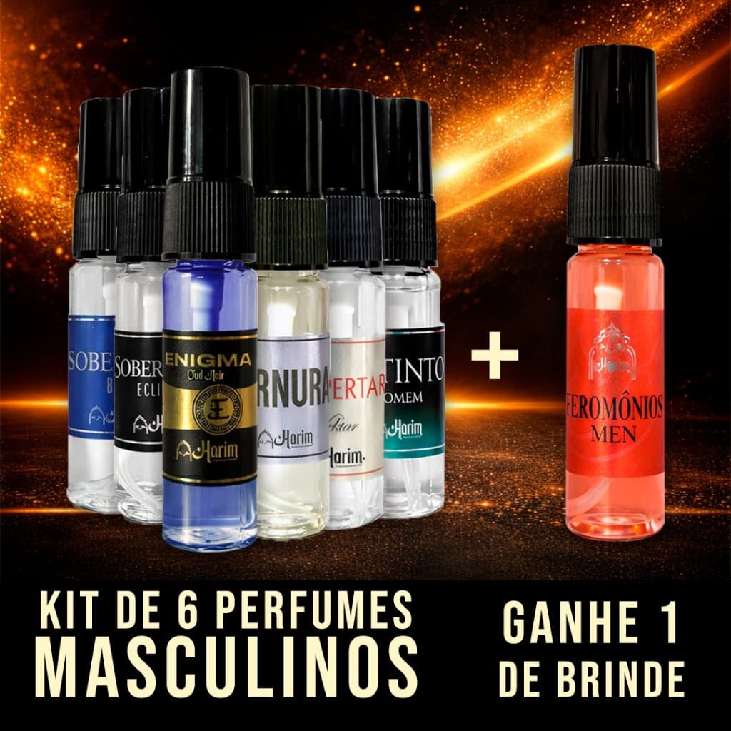 Kit 6 Perfume Árabe Masculino 15ml + Perfume Feromônios Harim Eau de Parfum Alta Fixação e Projeção