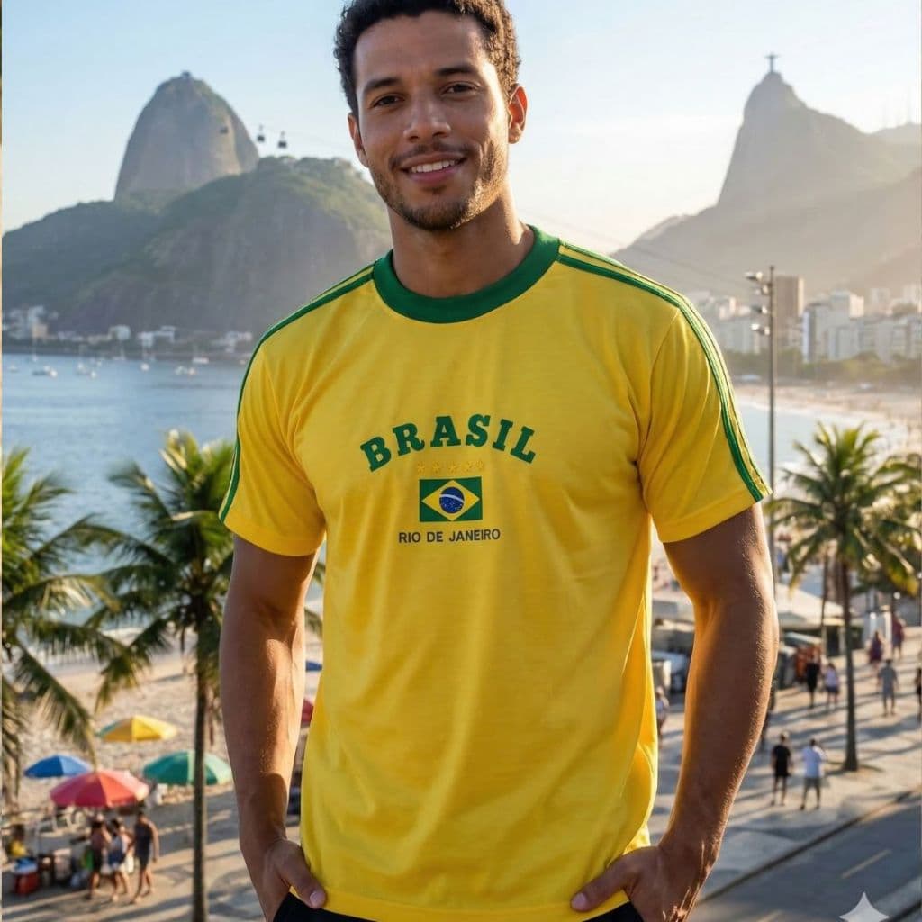 Camiseta Masculina Brasil Rio De Janeiro - Bordado Premium Malha PV