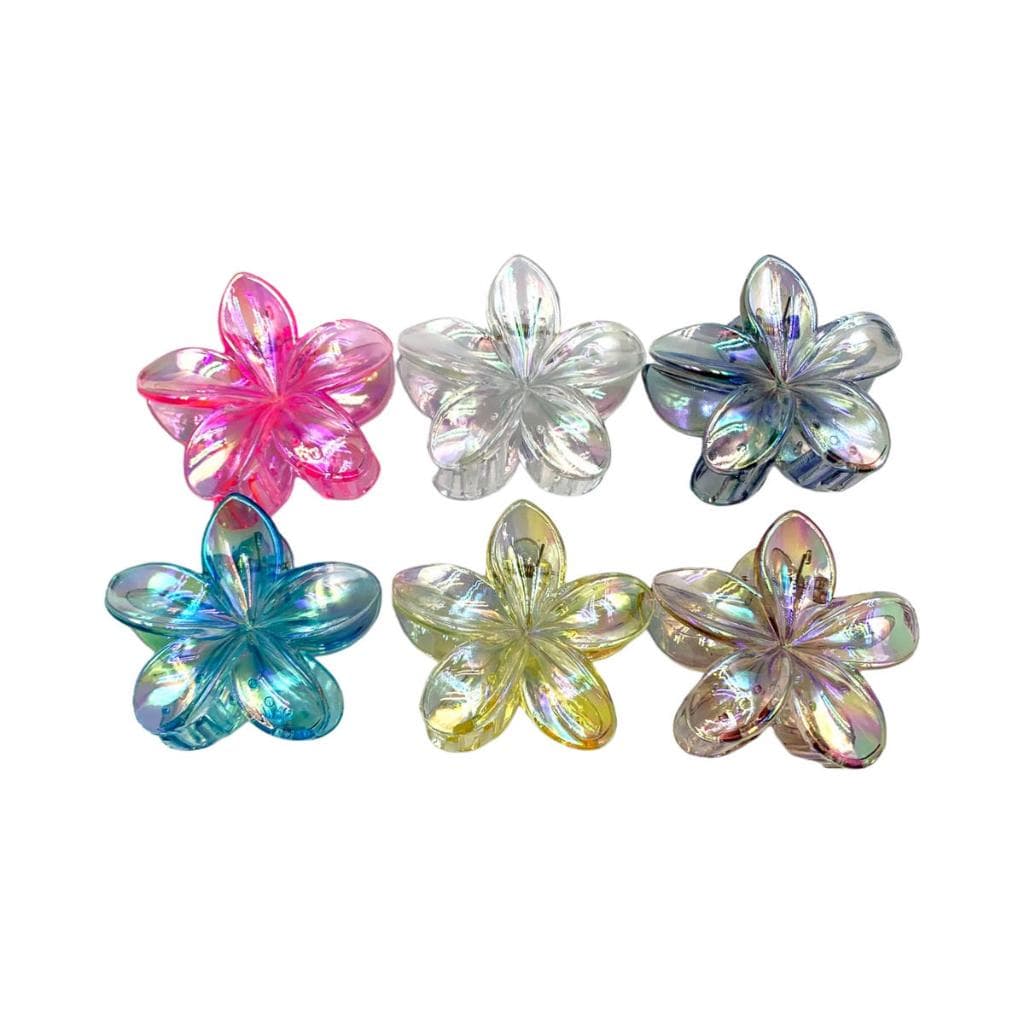 Kit 12 Piranhas Prendedores De Cabelo Plástico Flor Transparente Efeito Furta-cor Grande 8cm Cores Sortidas