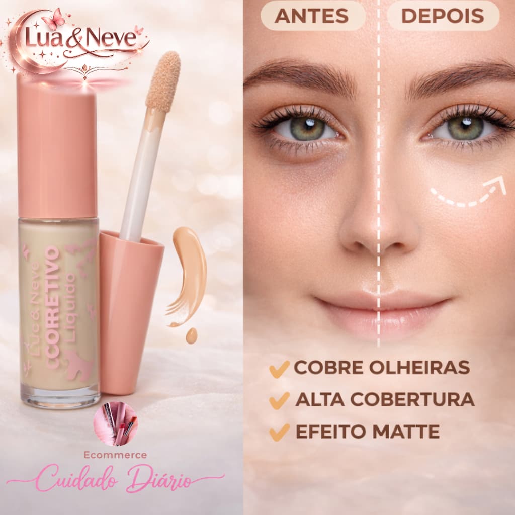 Corretivo Líquido  2 em 1 e Base Líquida - Lua & Neve – Alta Cobertura e Longa Duração