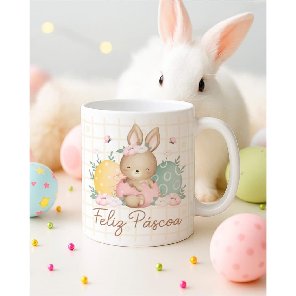 Caneca Xícara Páscoa Coelho Fofinha Bonita Coelhinho Feliz Cute Colorido Pastel Personalizada OFERTA RELÂMPAGO!
