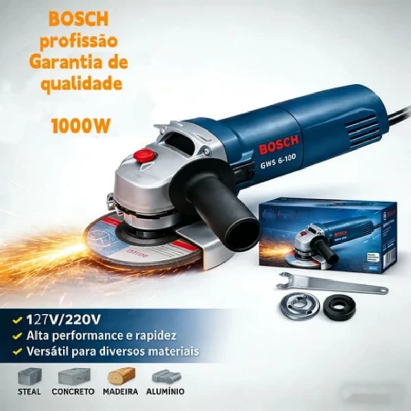 Esmerilhadeira Angular BOSCH GWS 6-100 1000W Profissional Kit Com Acessórios Para Metal Concreto