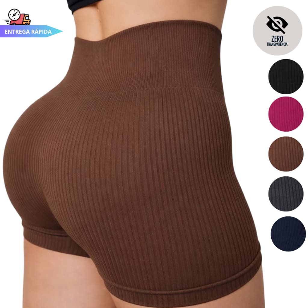 Short Feminino Cintura Alta Canelado Sem Transparência Fitness Academia Confortável Modelador