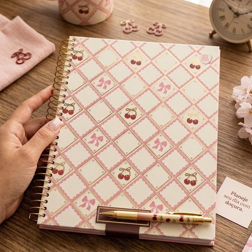 Caderno Universitário Feminino Capa Dura Sweet Cherry Escolar Folhas Pauta Rosa  Estilo Cherry
