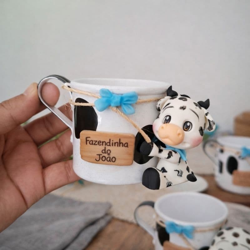 1 vaquinha na caneca em biscuit para festa infantil