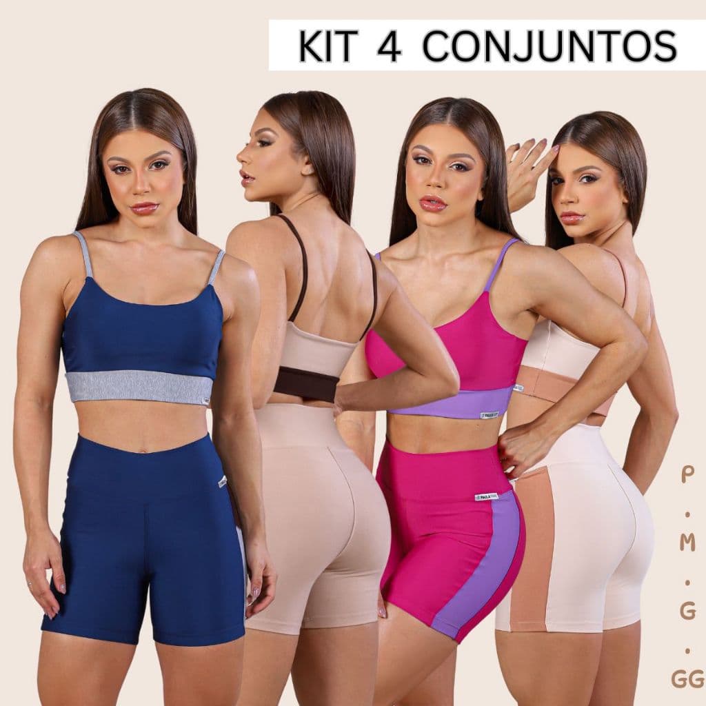 Kit 4 Conjuntos Fitness Curtos Femininos Academia Top Bojo Short Zero Transparência