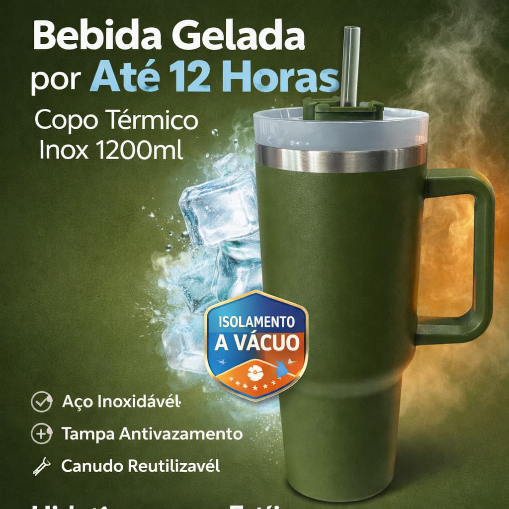 Copo Térmico 1200ml Inox com Alça e Canudo Parede Dupla Térmica 1.2L Verde Militar