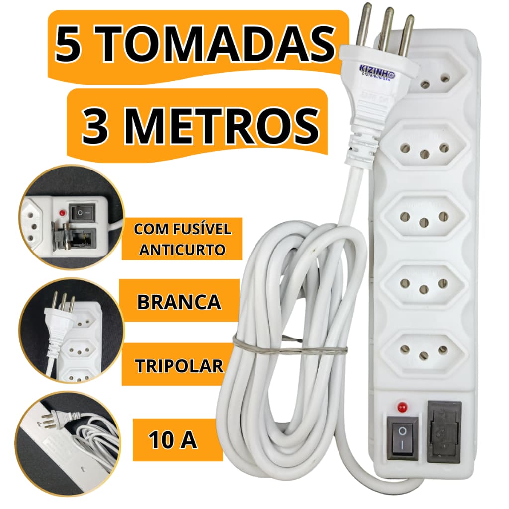 Filtro de Linha 5 Tomadas Tripolar 10A Branca 3 Metros Régua + Cabo Bivolt Fusível de Proteção 3A Chave Liga/Desliga
