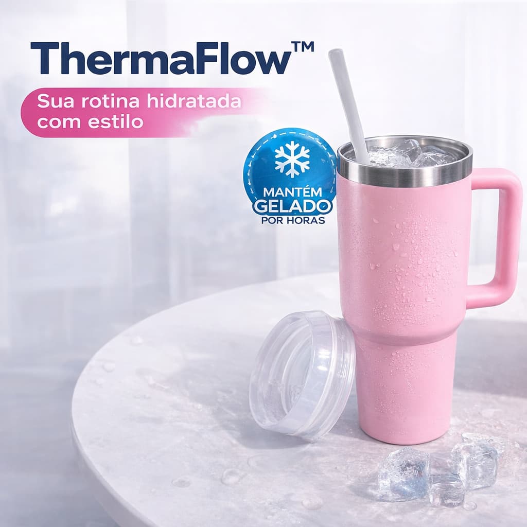 Copo Térmico Grande 1200ml Inox com Canudo e Alça Rosa – Mantém Gelado, Anti Vazamento, Premium ThermaFlow™