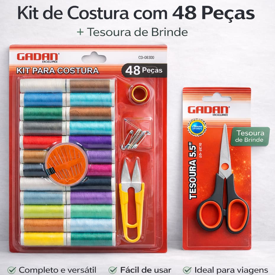 Kit  com  48 Peças de Costura Com Tesoura agulhas Linhas  Alfinetes  Fita Métrica Portátil Prático
