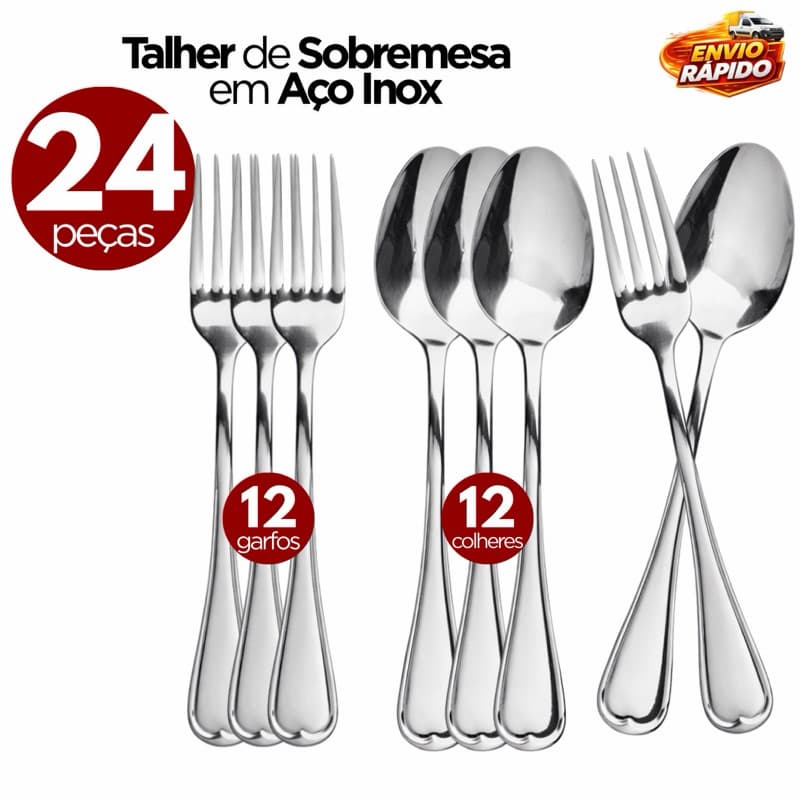 Kit 24 Colher e Garfo Sobremesa Inox Premium Alta Qualidade Durável Elegante