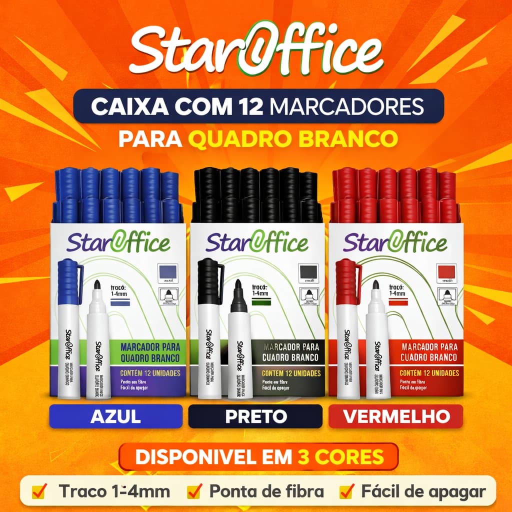 Caixa 12 Marcadores Caneta Pincel Para Quadro Branco StarOffice Fácil Remoção Ponta Macia e Redonda