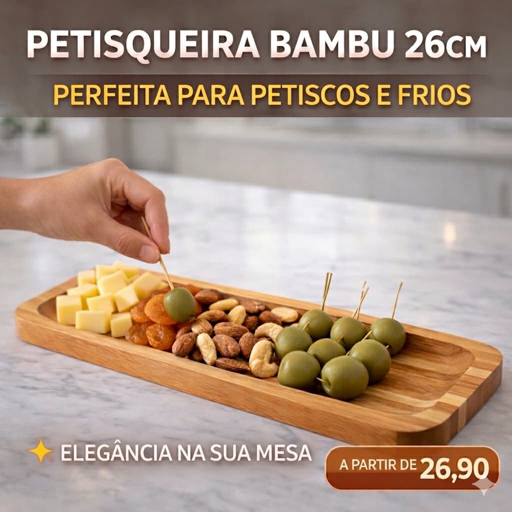 Petisqueira Bambu 26cm Tábua de Frios Queijos Aperitivos Mesa Posta Elegante Presente Perfeito