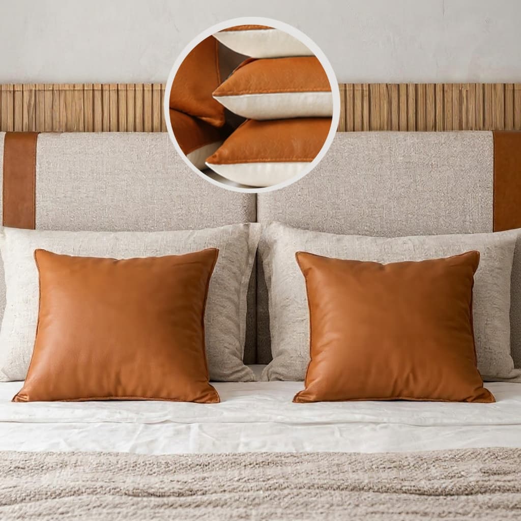 Kit 4 Capas de Almofadas Siena c/ 2 Couro e Linho + 2 Baguete Linho - Decorativa para Sala Sofá Cama Luxo C/ Zíper