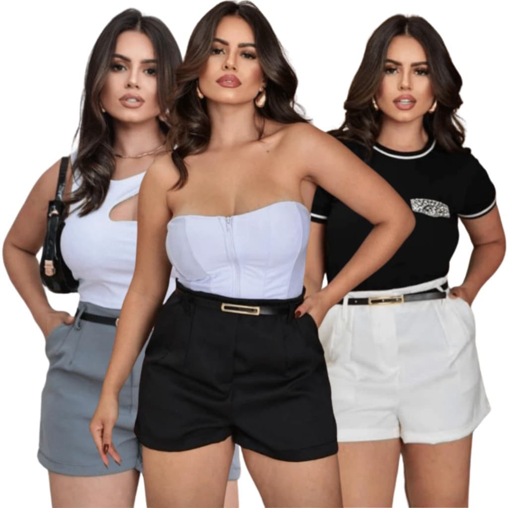 Short feminino alfaiataria liso social cintura alta com ziper na lateral bolsos funcionais premium