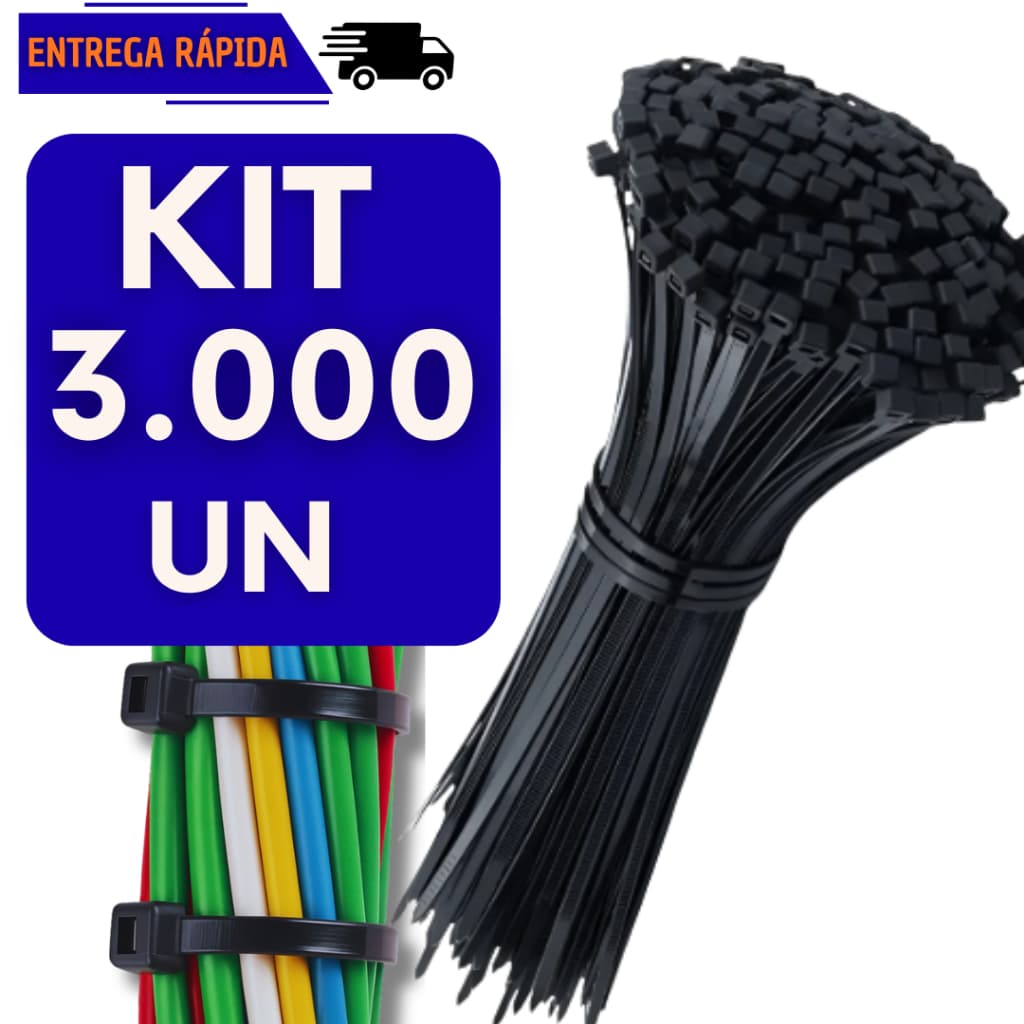 Kit 3000 Abraçadeira Plástica Nylon 25cm Preta Enforca Gato Forte Multiuso