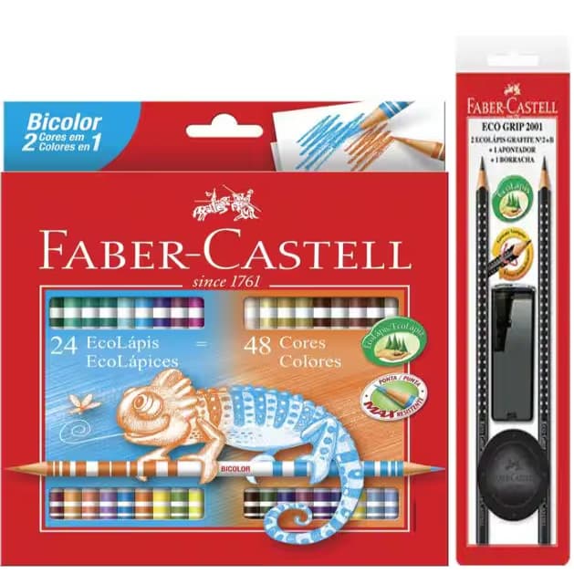 Kit Lápis de Cor 24/48 Cores  + Kit 2 Lápis de Escrever Preto + Borracha + Ap. Dep, Faber-Castell