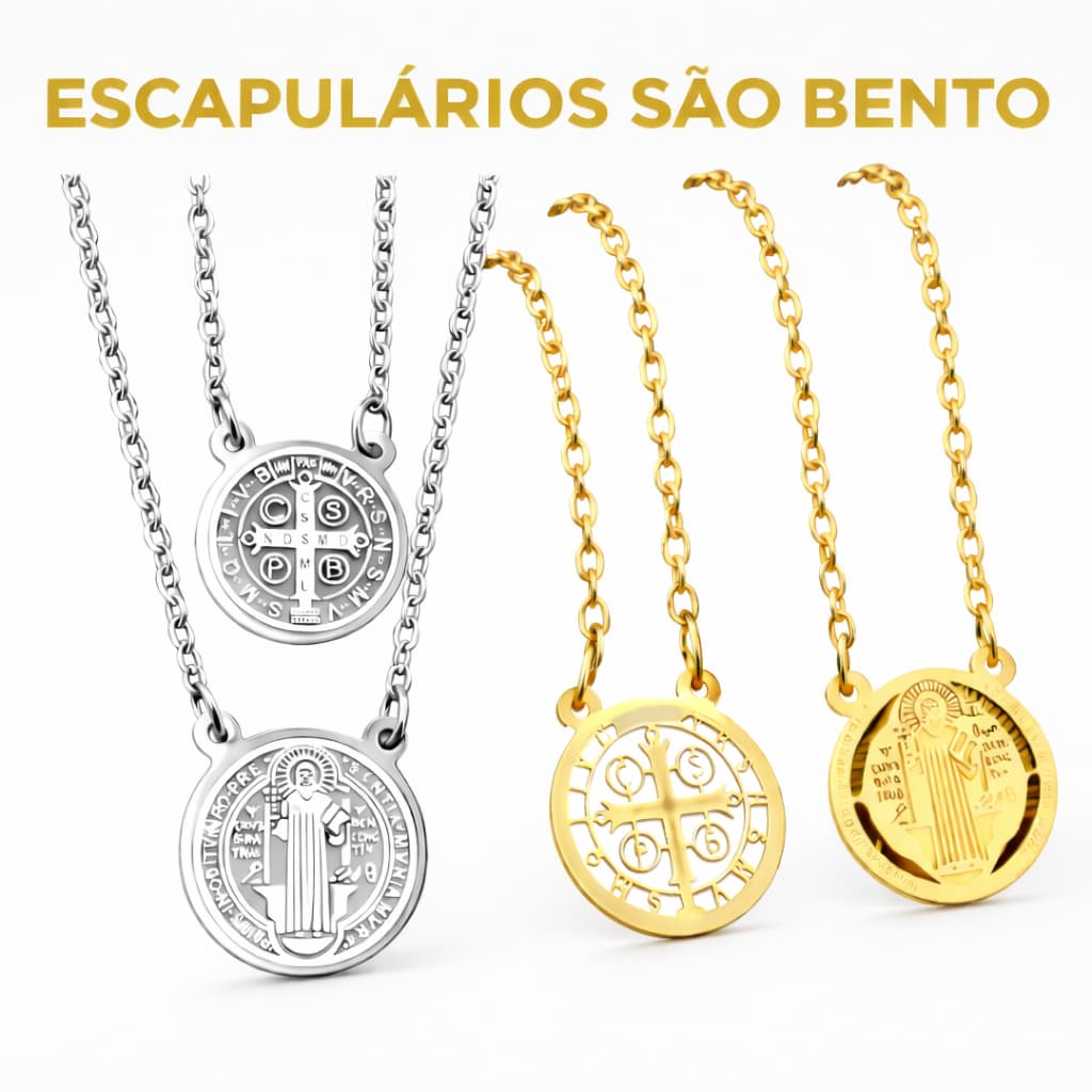 Kit 3 Colar Escapulário São Bento Dia Dos Pais Religioso Aço Inox Inoxidável Hipoalérgico