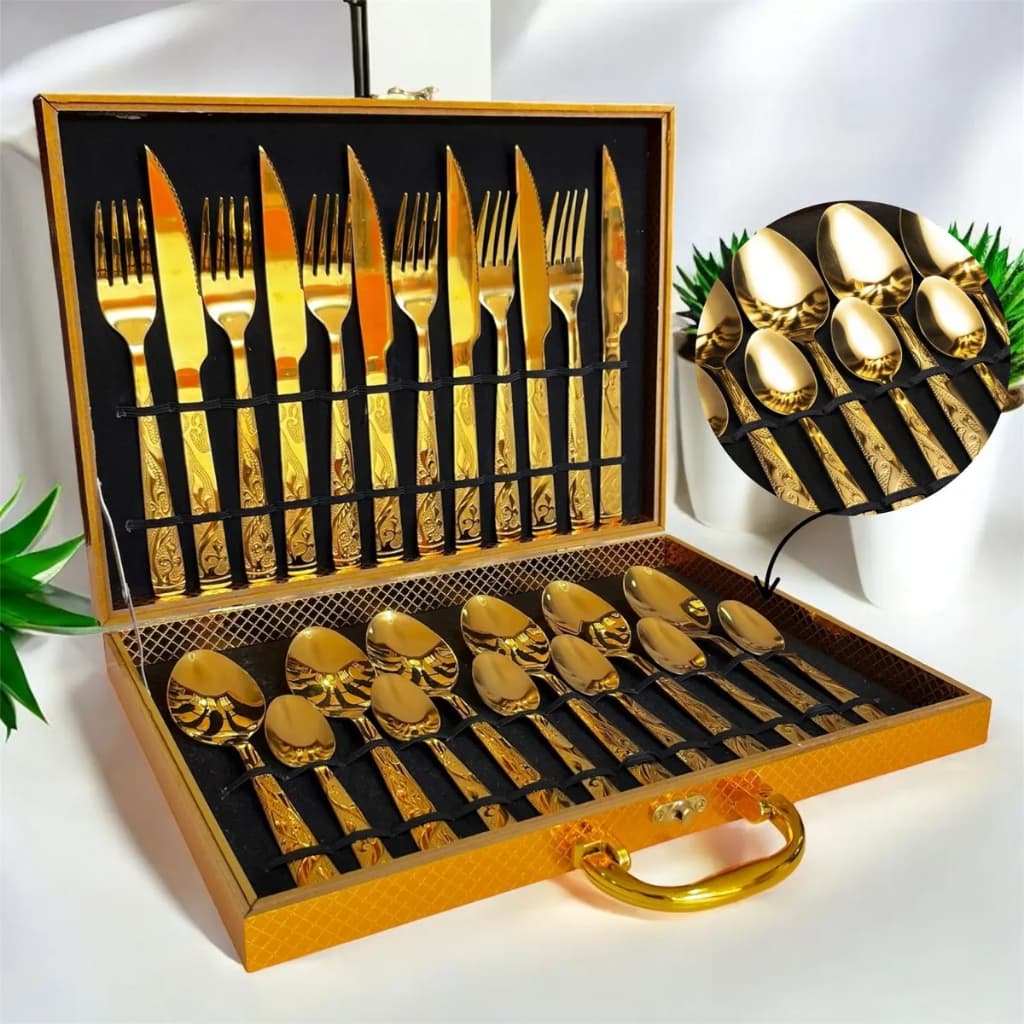 Kit Faqueiro Talheres com Maleta 24 Peças Em Aço 410 Inoxidável  Dourado Super Resistente