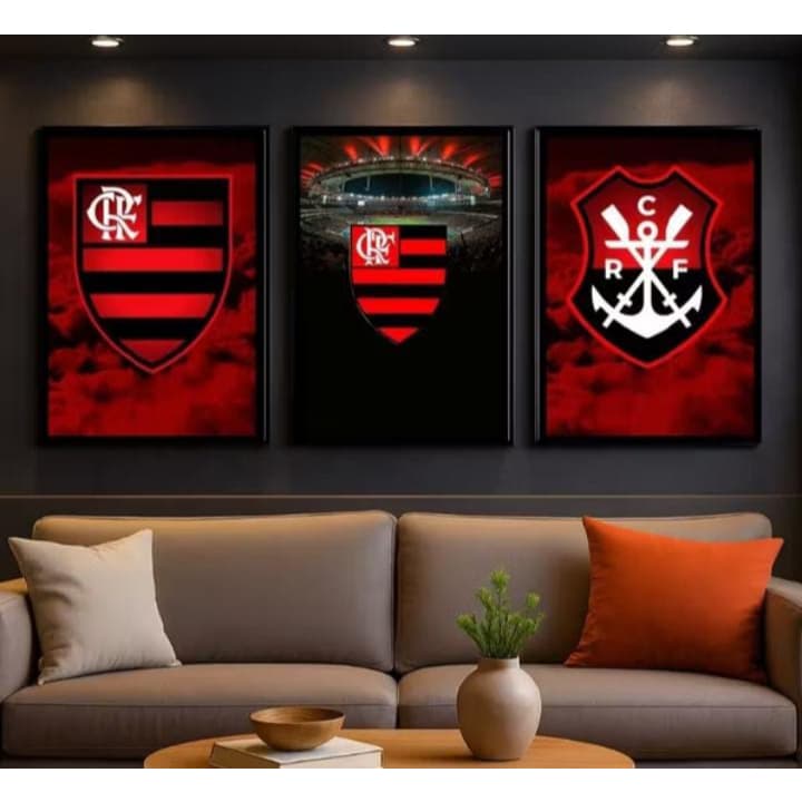 Kit 3 Quadros  Flamengo MDF Vermelho e Preto Esportivo Rubro-Negro Premium mengao