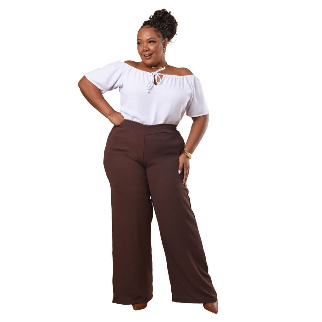Calça Pantalona Wide Leg Feminina Plus Size Cós Alto Detalhe no Cós