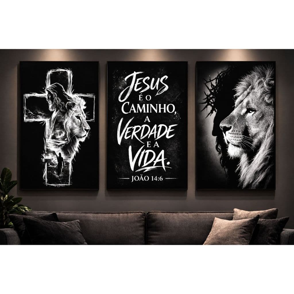 KIT 3 QUADROS DECORATIVOS LEÃO