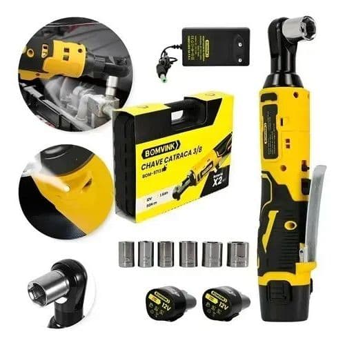 Chave Catraca Elétrica Recarregável 3/8 Com 2 Baterias 12v 6 pcs e maleta