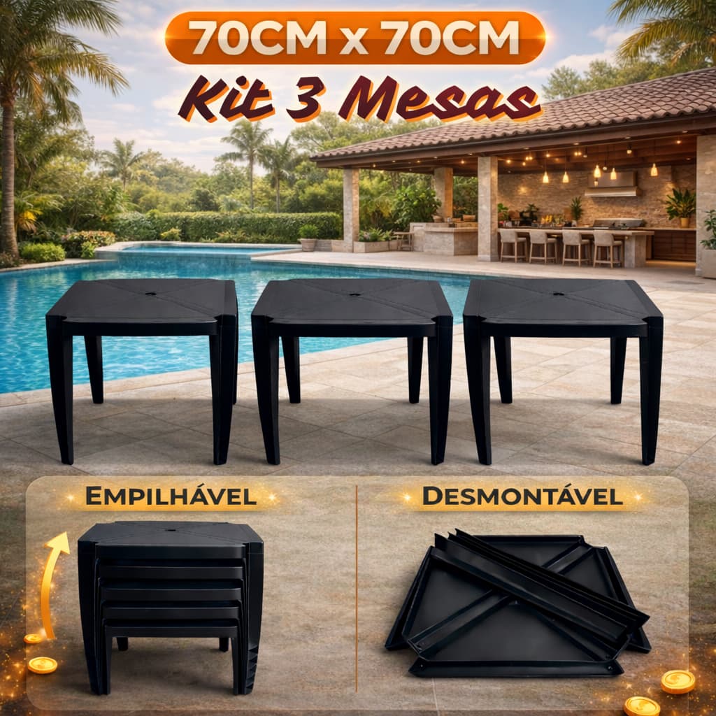 Conjunto com 3 Mesas Pretas 70x70cm – Práticas, Resistentes e Perfeitas para Uso Comercial
