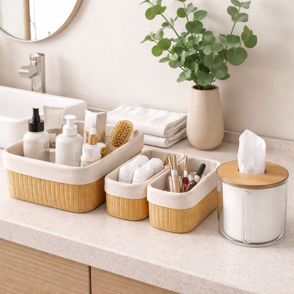 🎋Kit 3 Cestos Organizador De Bambu Multiuso C\ Forro Banheiro Quarto  + Porta Papel Higiênico Redond