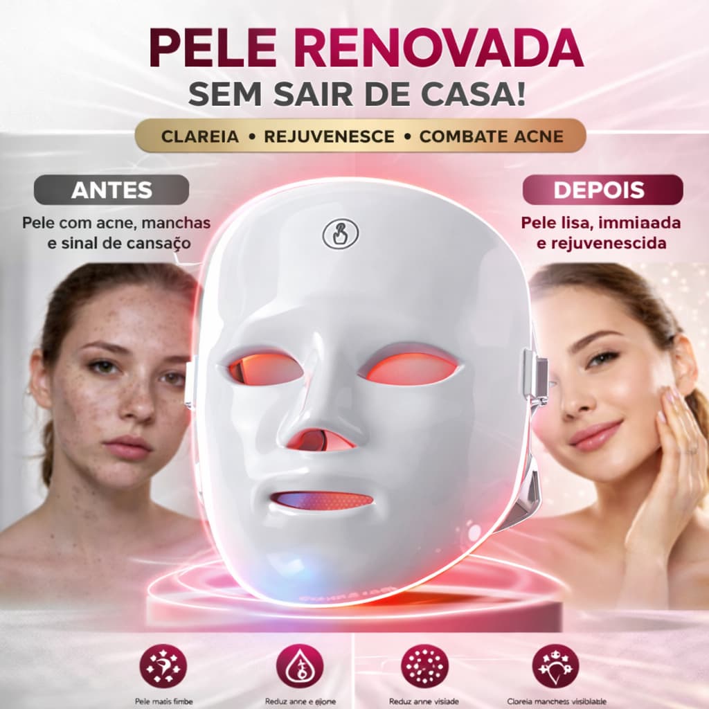 Máscara Facial LED 7 Cores Fototerapia Rejuvenescimento Acne Clareamento USB Profissional