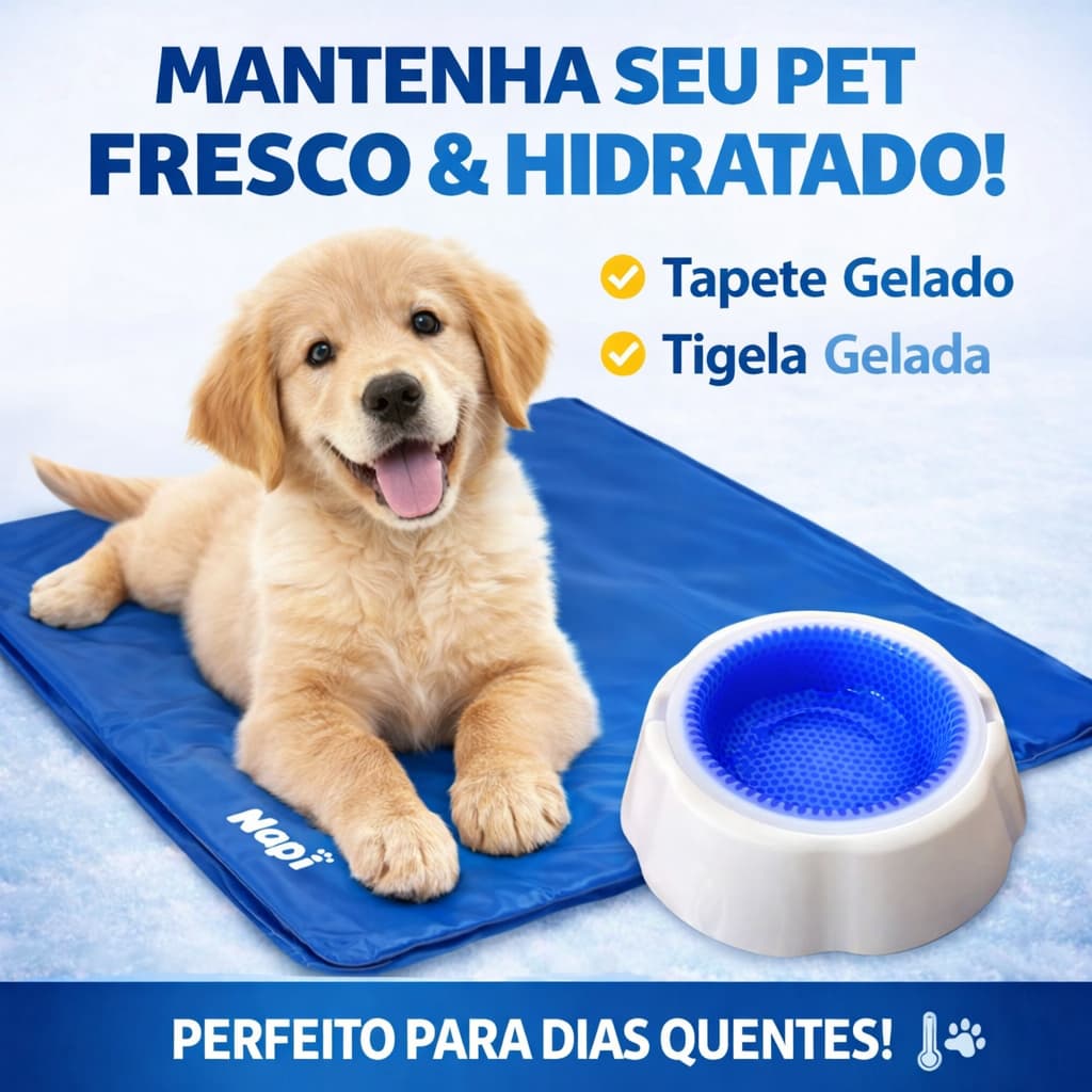 Kit Tapete e Tigela Gelada Bebedouro 500ml Tapete Gelado Refrescante 40x50cm Cachorro Gato Verão