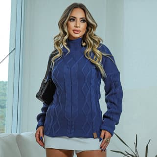 Blusa Viena Feminina em Tricot Premium Manga Longa Trançada Detalhes em Losango Tendência Inverno