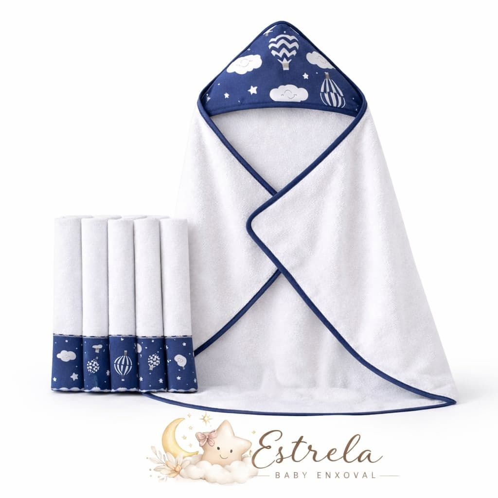 Kit Toalha de Banho Sem Forro para Bebê com Capuz Forrado + 5 Toalhinhas Higiênicas Atoalhado
