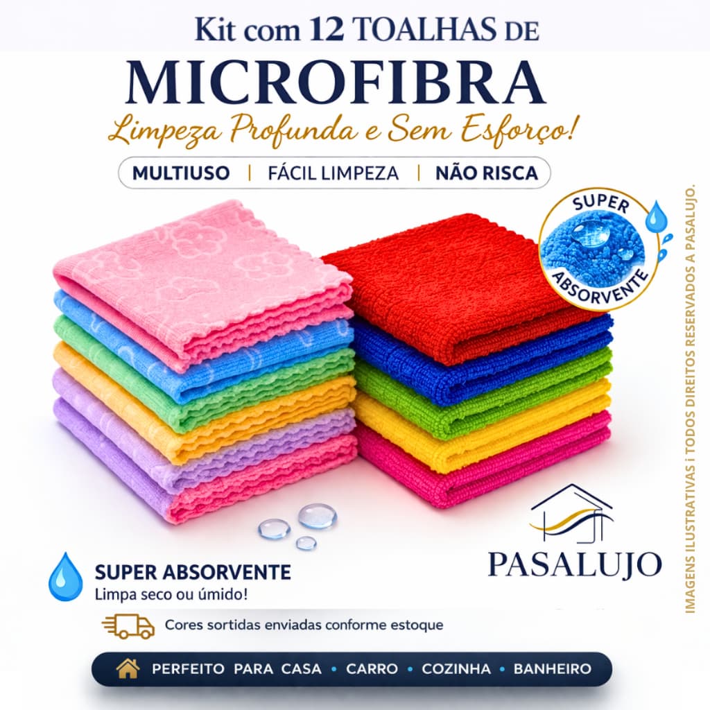 Kit 12 Panos de Microfibra 30x30cm  Limpeza alta absorção Multiuso para cozinha carro casa vidros