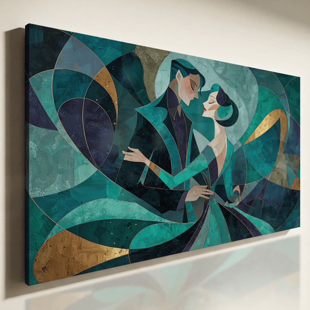 Quadro Decorativo Casal Abstrato Verde Dourado Arte Moderna Elegante Sala Horizontal