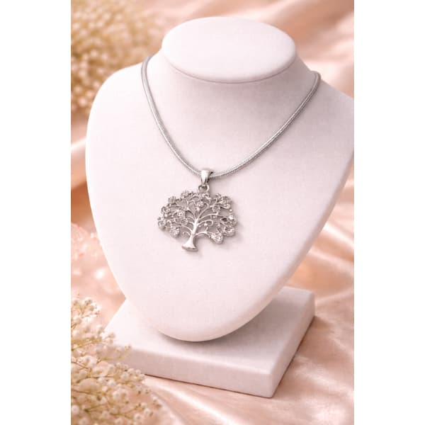 Colar em Aço Inox Feminino Prata com Zircônias Arvore da Vida  – Elegante e Antialérgico