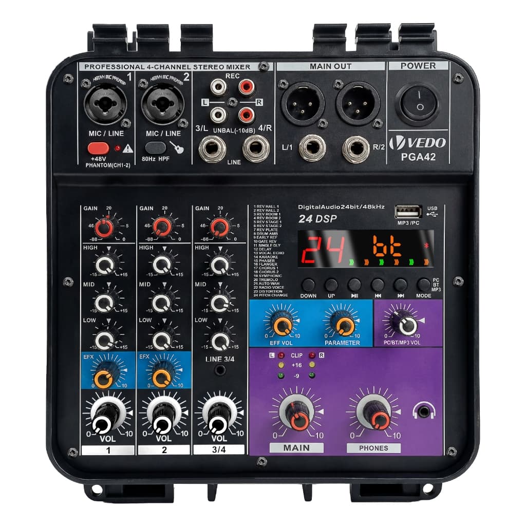 VEDO Mesa De Som Amplificada Profissional 4 Canais Console Mistura com Efeitos/Bluetooth/EQ Phantom Power +48V 2x150W