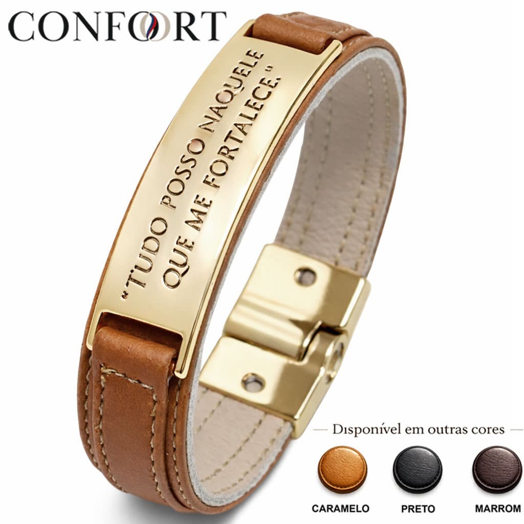 Pulseira de Couro Magnética Masculina Feminina Caramelo Tudo Posso Naquele que me Fortalece Dourada
