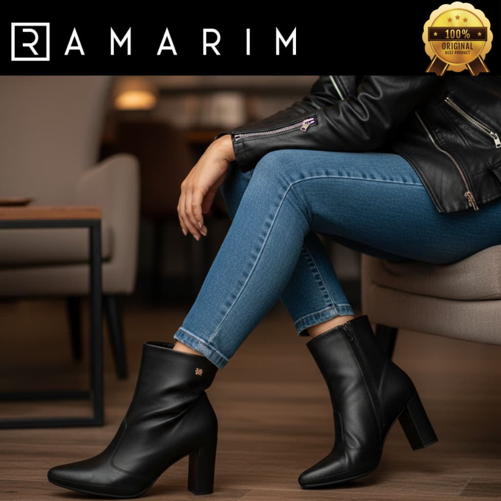 Bota Feminina Ramarim Couro Legítimo Cano Curto Bico Fino Zíper Detalhe Metálico Original