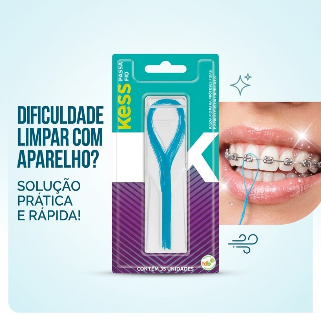 Passa Fio Dental Ortodôntico p/ Aparelho e Prótese Fixa Limpeza Profunda Fácil Uso