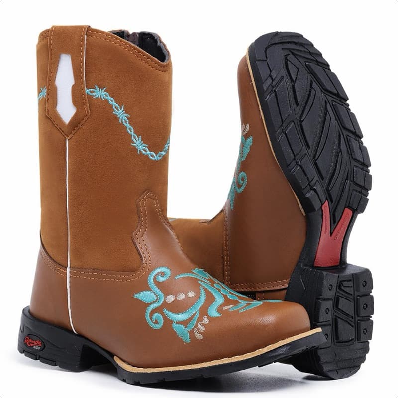 Bota Infantil Feminina Menina Rosa Bordada Couro Legítimo Texana Country Cowboy Bico Quadrado Festa Junina