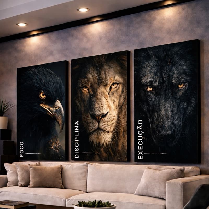 Quadros Decorativos Águia Lobo Leão Motivacional Foco 3 Peças Decoração Para Sala Quarto Hall